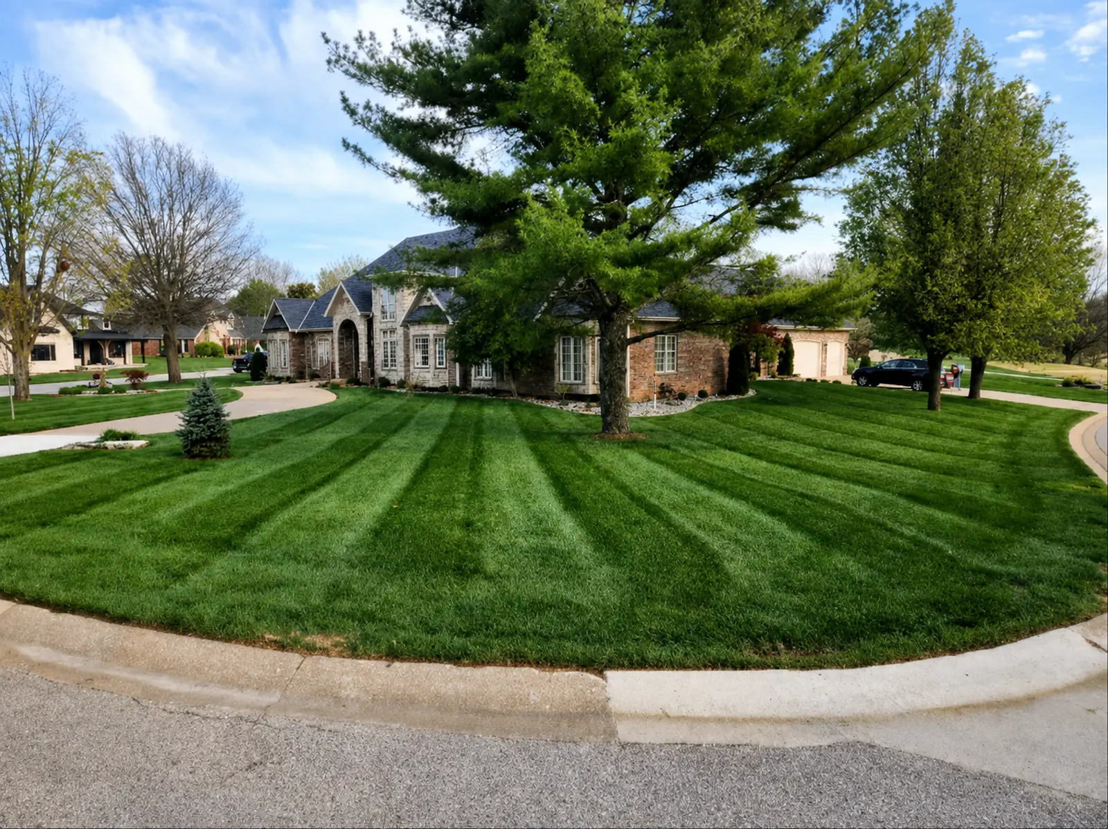 Wide corner lawn with alternating mowing stripes